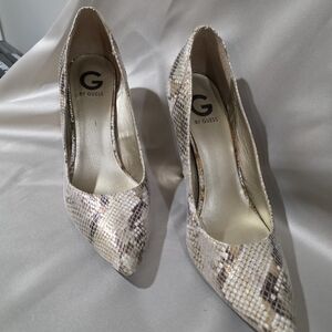 G by Guess Snakeskin Heels - Cream and Brown